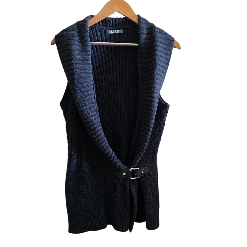 Lauren Ralph Lauren Black Chunky Cable Knit Equestrian Vest Bridle Detail - Picture 6 of 14